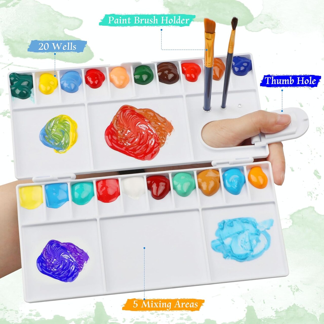 Paint Palette with 20-Well and 5 Mixing Areas, Folding Paint Tray with Thumbhole and Paint Brush Holder, Plastic Painting Palette